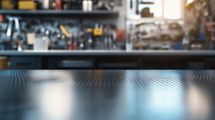 A metal blank tabletop with blurred automotive tools and parts in the background suitable for promoting automotive products