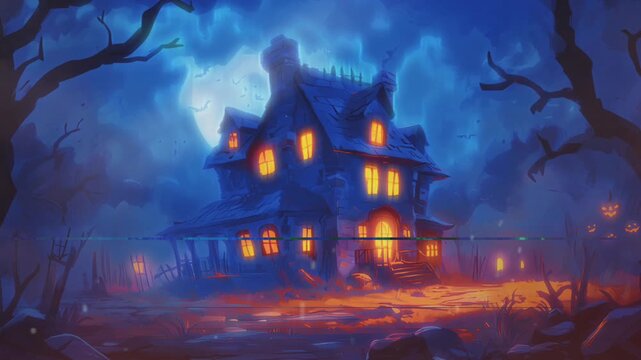 Haunted house Halloween scene in darkness with pumpkins. A visually striking and evocative overlay loop animation, capturing the essence of Halloween with spooky details and a mysterious atmosphere.