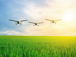 Drones soaring over lush green fields at sunset during agricultural surveying