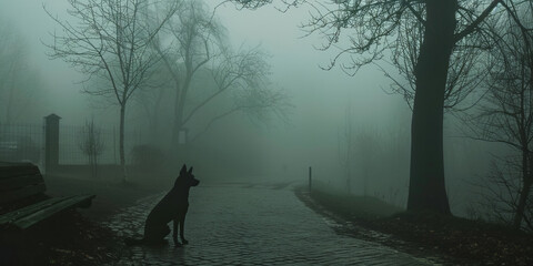 Dog silhouette in misty park with foggy trees at dawn
