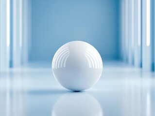 Pristine white sphere in a minimalist blue hallway at dusk