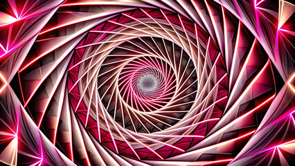 Graphic design art of abstract illusion of spiral with geometric shapes of pink and violet neon lines
