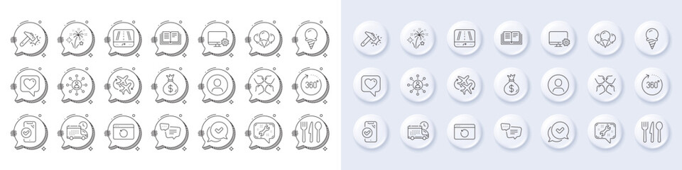 Education, Ice cream and 360 degrees line icons. White pin 3d buttons, chat bubbles icons. Pack of Heart, Headshot, Networking icon. Food, Spanner, Gps pictogram. Vector