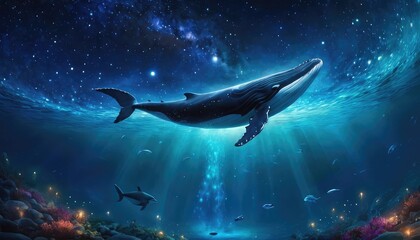 Obraz premium A whale emerges from the water, illuminated by a vibrant cosmic backdrop with swirling galaxies and stars, blending the mysteries of the ocean and the universe