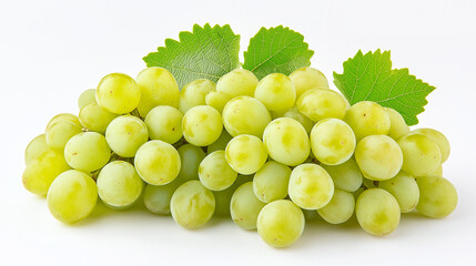 A bunch of ripe green grapes with leaves on white background