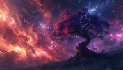 A surreal landscape featuring a mystical tree set against a vibrant cosmic backdrop, blending natural and ethereal elements of the universe.