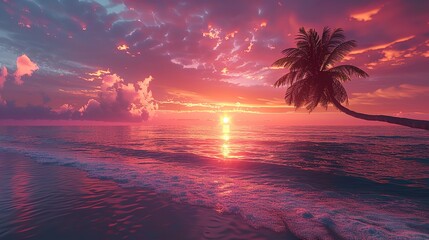sunrise over a calm ocean with palm trees silhouetted against the sky.