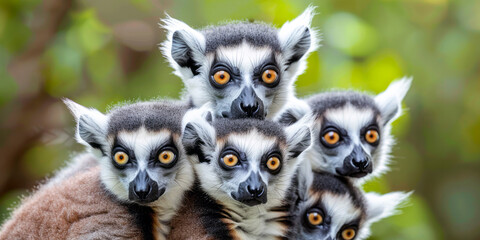Group of Ring-tailed Lemurs Huddled Together in Madagascar