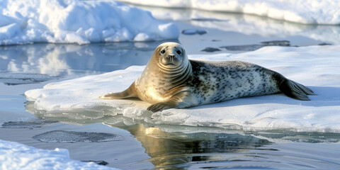 Obraz premium Seal Resting on Ice Floe in Arctic Waters