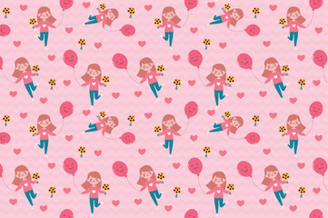 seamless pattern with children, Happy girl holding sunflowers flowers and a balloon