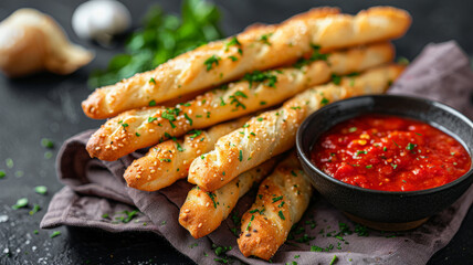 Crispy breadsticks with garlic and herbs, served with tomato sauce.