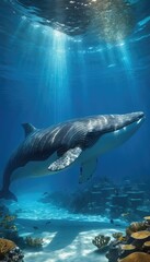 Obraz premium A majestic whale swims gracefully over ancient sunken ruins, surrounded by colorful fish and vibrant coral, as sunlight beams filter through the clear blue ocean