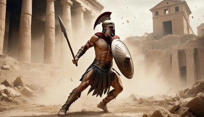A Spartan warrior engaged in a fierce combat stance, his shield raised and spear poised, as he battles against a backdrop of a crumbling ancient city, with dust and debris swirling around him.
