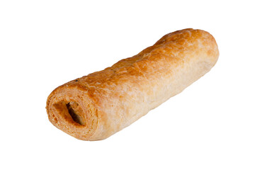 Sausage wrapped in fried dough on white background