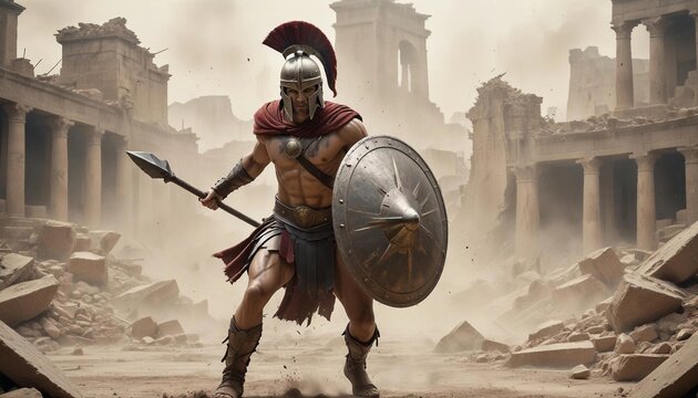 A Spartan warrior engaged in a fierce combat stance, his shield raised and spear poised, as he battles against a backdrop of a crumbling ancient city, with dust and debris swirling around him.
