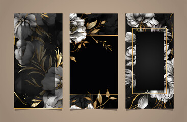 Set of elegant brochure, card, background, cover. Black and golden marble texture. Geometric frame. Flower, exotic leaves