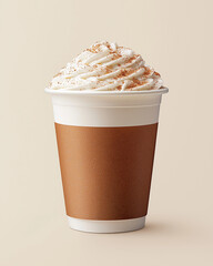 Pumpkin spice latte with whipped cream | Topped with cinnamon | White paper cup with brown sleeve | Beige background | Warm and inviting seasonal drink