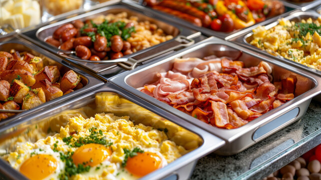 Delicious breakfast buffet with eggs, bacon, sausage, and potatoes.