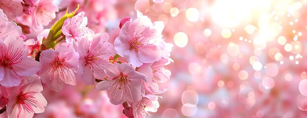 Close up of pink cherry blossoms with blurred background