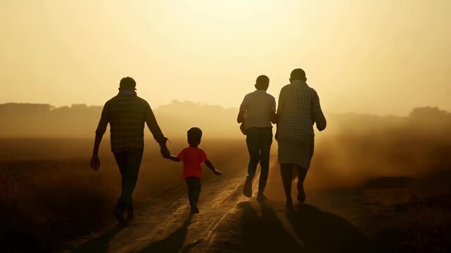 A family of four strolls hand in hand along a dusty path during sunset