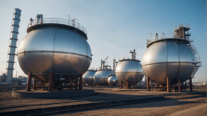 Large spherical storage tanks are arranged orderly, reflecting the sunlight under a clear sky at an industrial site