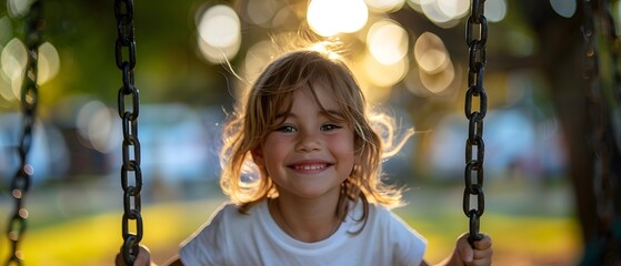 smiling little girl enjoying swings at the playground. childhood fun and joy, happiness and carefree moments