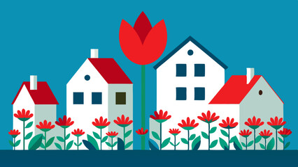 Line of white houses and one red house in this line surrounded by flowers, vector illustration