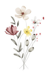 Obraz premium Bouquet wild flowers, watercolor floral clip art. Perfectly for printing design on invitations, cards, wall art, poster and other. Isolated on white background. Hand painting.