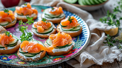 Fototapeta premium Smoked salmon canapes with cucumbers and cream cheese on a decorative plate.