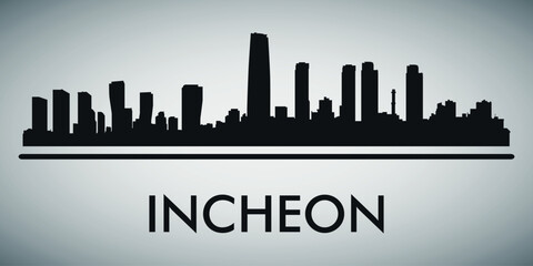 Fototapeta premium The city skyline. Incheon. Silhouettes of buildings. Vector on a gray background
