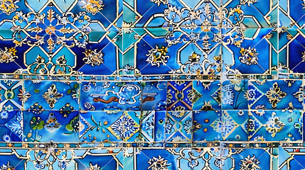 Traditional Persian mosaic wall with geometric and floral designs in Iran Blue ceramic tile background for text