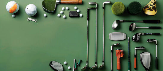 Top view of golf equipment arranged in a flat lay style on a green background with copy space image.