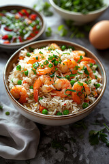 Egg Fried Rice: Cooked rice stir-fried with beaten eggs, vegetables, soy sauce, and  shrimp.