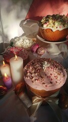 Easter cakes, festive eggs, Easter decorations.Easter cake with glace icing and decoration. Postcard with Easter bread.
