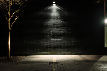 Frontal View of Illuminated Black Brick Wall at Night