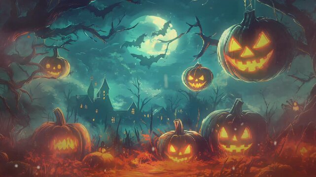 Seamless looping 4K video animation of a haunted forest with ghosts and Happy Halloween, featuring creepy visuals and a haunting ambiance.