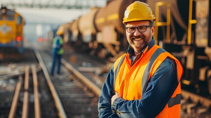 Smiling railway worker in orange safety vest and yellow hardhat with trains in the background