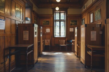Historic Town Hall Polling Station with Wooden Booths for Civic Voting and Participation