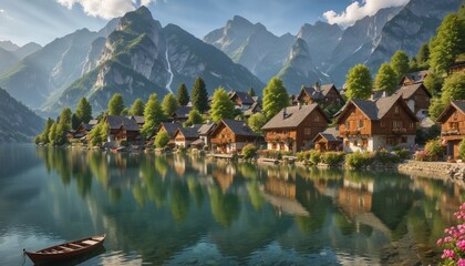 Obraz premium A village with traditional wooden houses and vibrant flower boxes sits between towering mountains and a serene lake, as small boats glide across the crystal-clear water under the warm summer sun