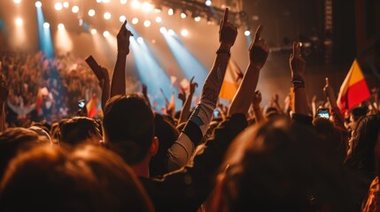 Energetic Indoor Campaign Event in a Packed Auditorium with Enthusiastic Supporters Waving Flags