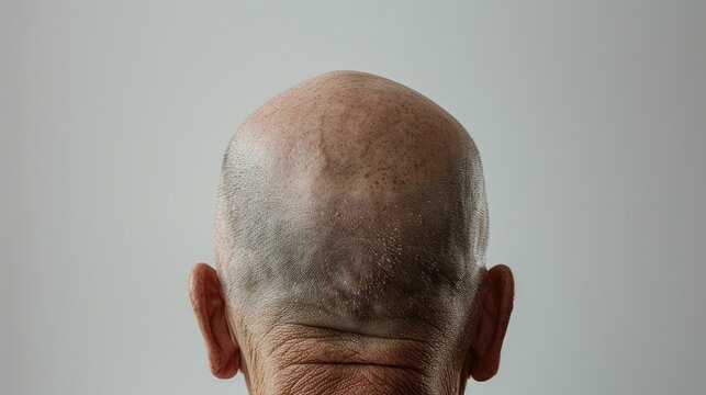 Male bald head on a white background, close-up. Rear view. AI generated.