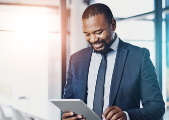Black man, smile and tablet for reading business email, communication and networking in office. African financial advisor, happy and fintech for online news, positive feedback and investment research