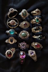 Fototapeta premium Handmade Gemstone Rings Collection on Black Velvet Background for Jewelry Display or Design