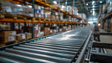 Fototapeta premium Conveyor belt in a warehouse full of boxes and shelves