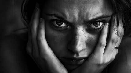 Fototapeta premium highcontrast monochrome portrait of woman with intense expression of fear dramatic lighting emphasizes wide eyes and hands partially covering face conveying raw emotion