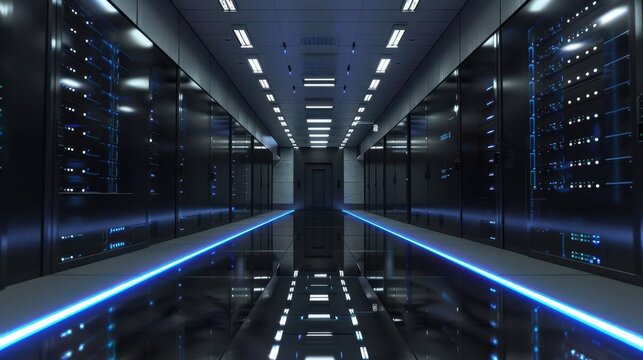 hightech server room interior rows of sleek black server racks glowing blue led indicators neat cable management reflective floor