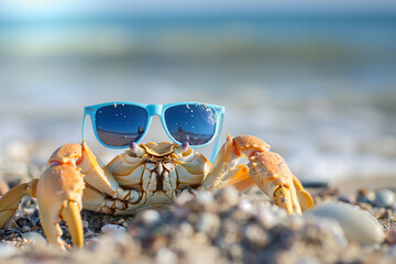 Cool Sea Crab Wearing Blue Sunglasses on Sandy Beach