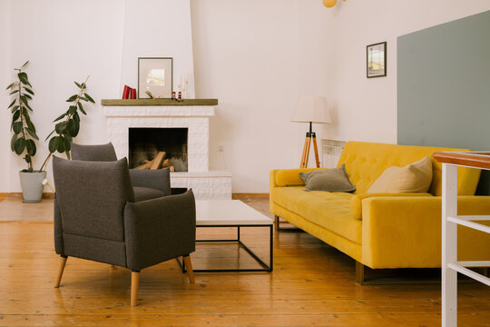 Interior decoration of living room with modern household furniture