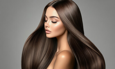 Naklejka premium A beautiful woman with long straight hair. Hair care concept