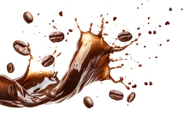 fresh coffee beans with a shot of coffee isolated from a white background